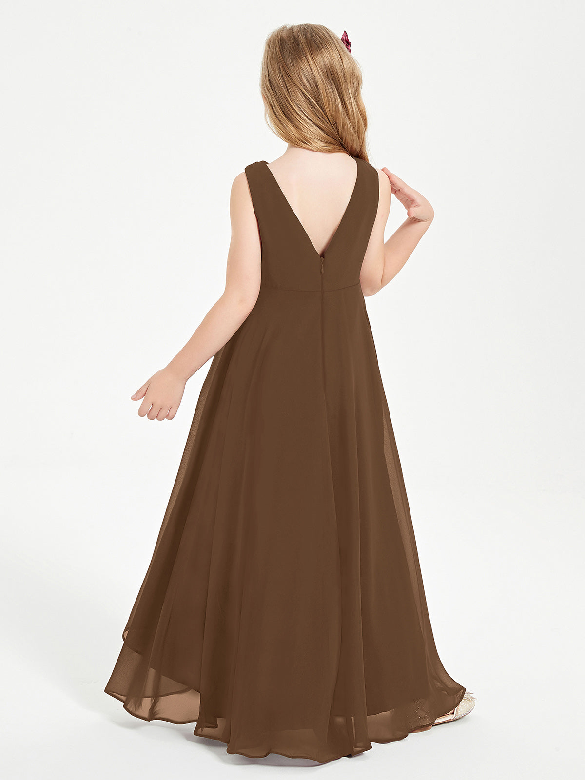 Modern Asymmetrical Cowl Neck Junior Bridesmaid Dresses Brown